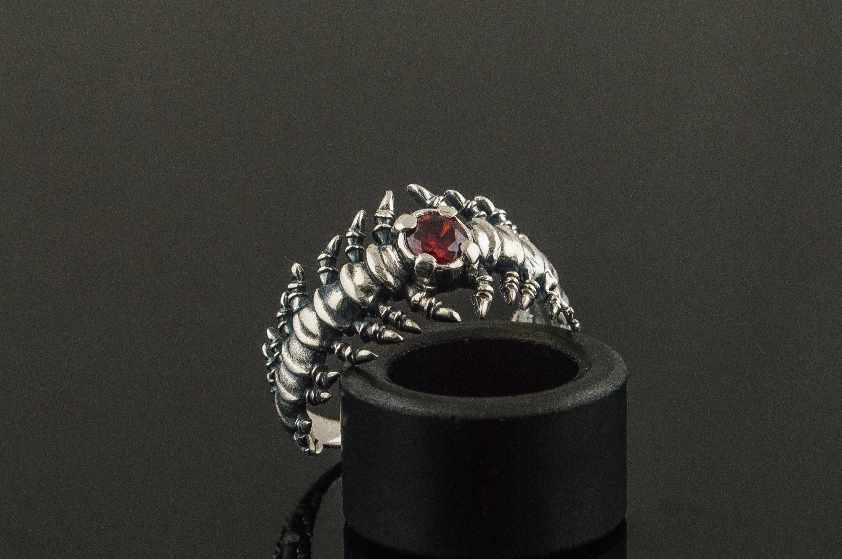 Backbone Ring with Garnet Sterling Silver Handcrafted Unique Jewelry - vikingworkshop