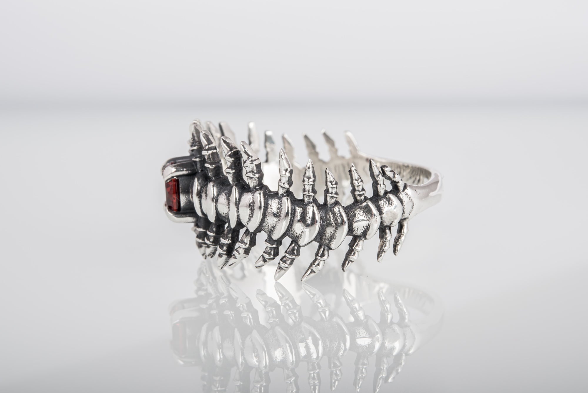 Backbone Ring with Garnet Sterling Silver Handcrafted Unique Jewelry - vikingworkshop