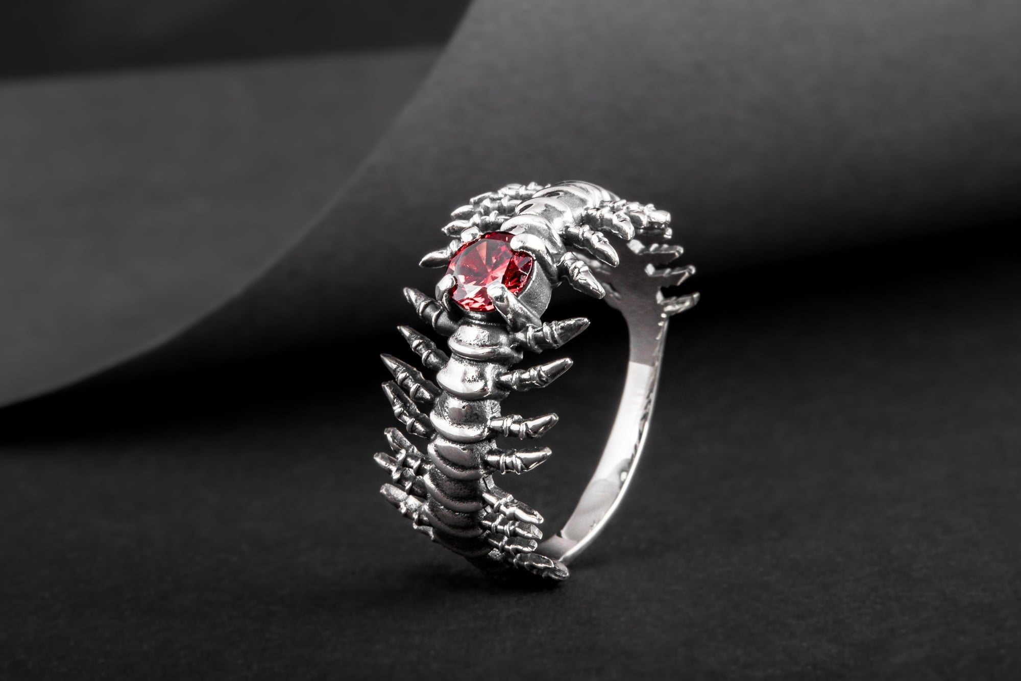 Backbone Ring with Garnet Sterling Silver Handcrafted Unique Jewelry - vikingworkshop