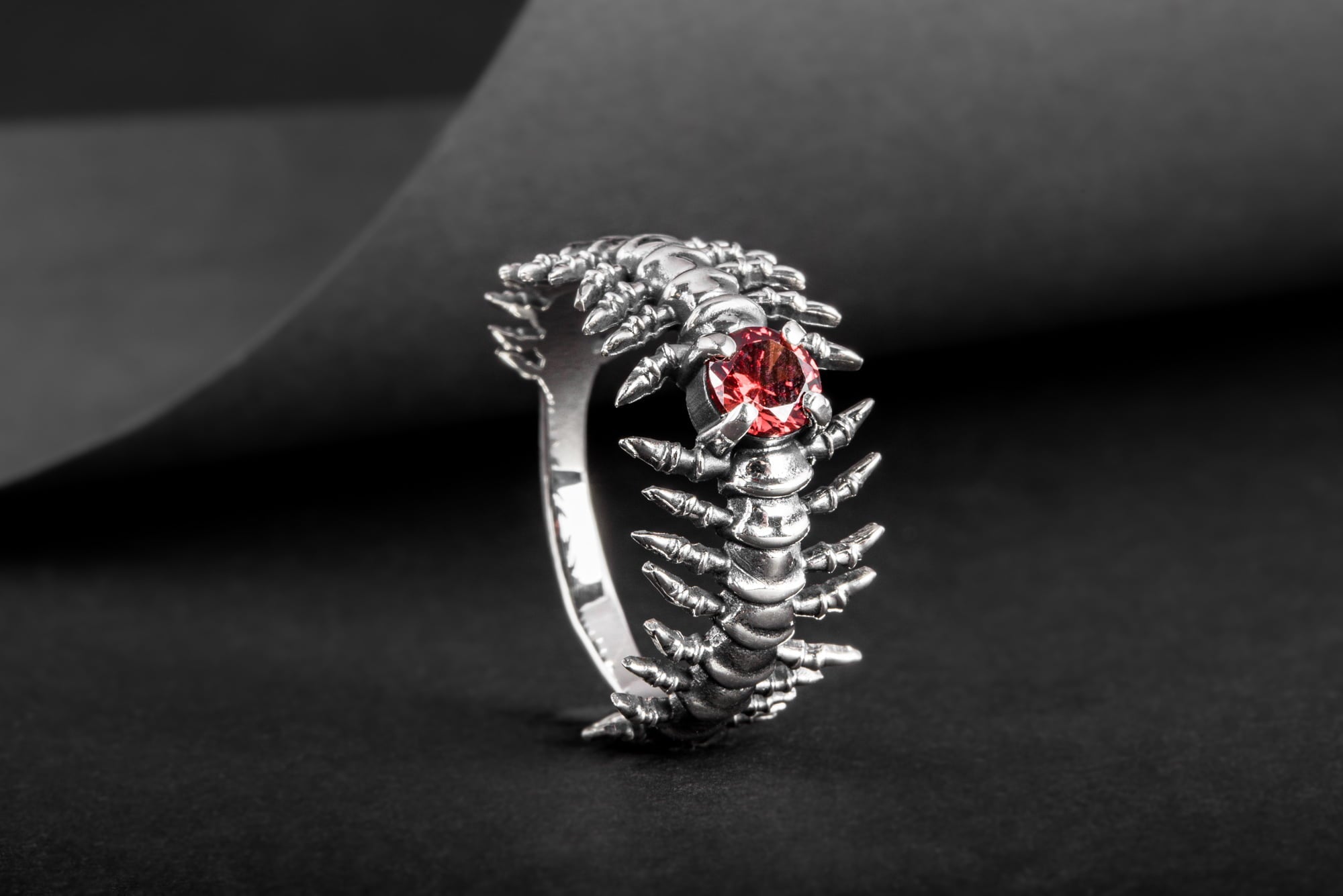 Backbone Ring with Garnet Sterling Silver Handcrafted Unique Jewelry - vikingworkshop