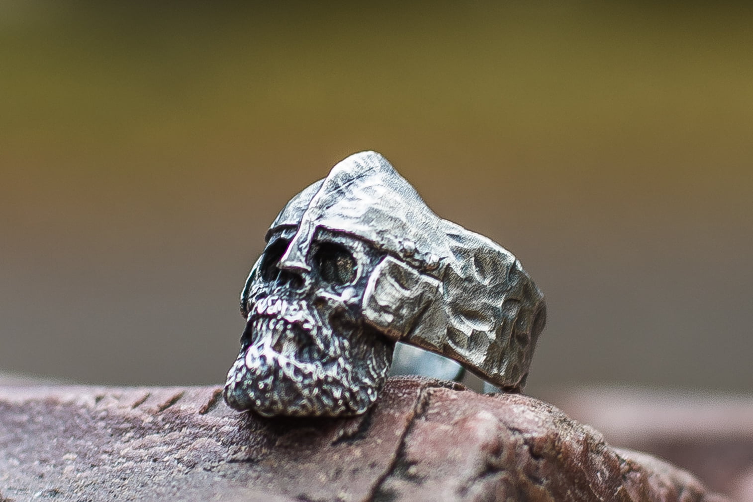 Bearded Skull with Helmet Sterling Silver Unique Ring Biker Jewelry - vikingworkshop