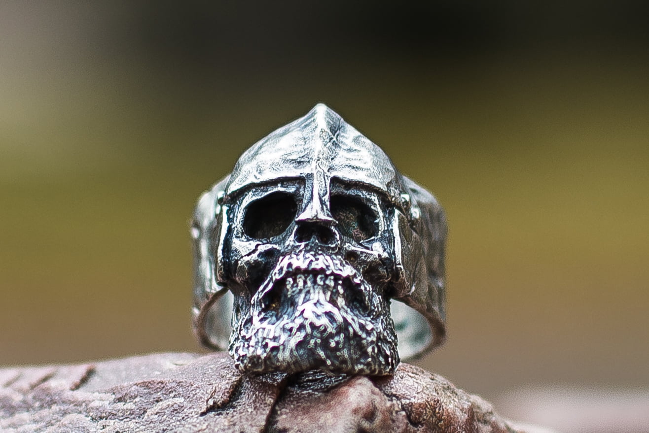 Bearded Skull with Helmet Sterling Silver Unique Ring Biker Jewelry - vikingworkshop