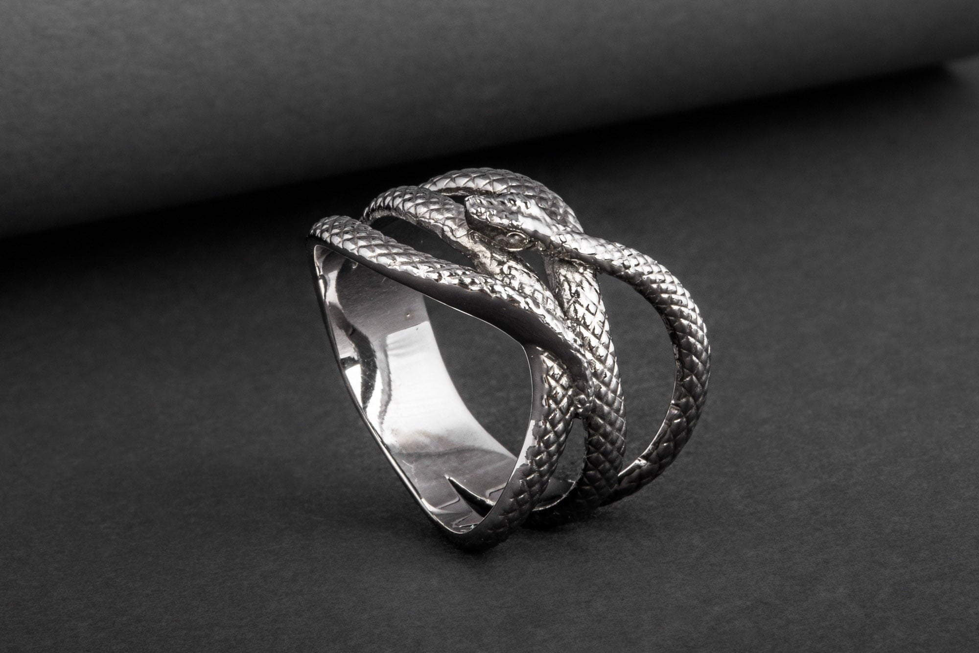 Snake Ring Unique Animal Sterling Silver Ruthenium Plated Ring Handcrafted Unique Jewelry - vikingworkshop