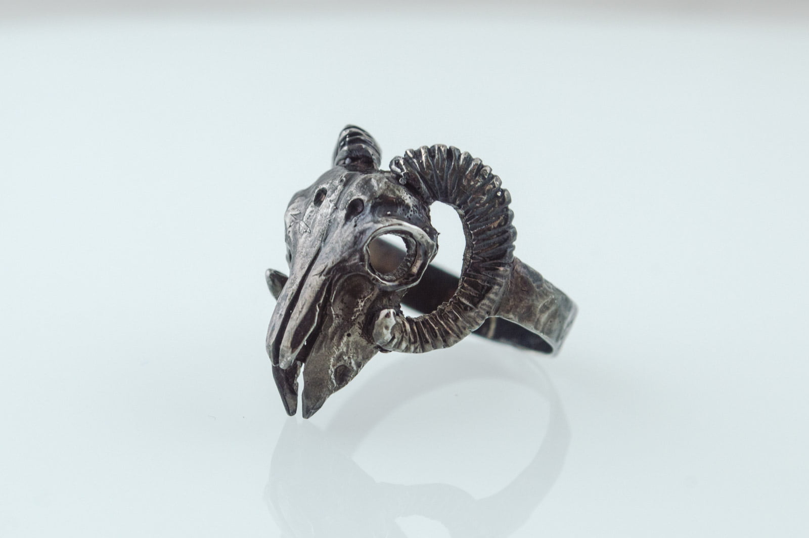 Ram Skull Ring Ruthenium Plated Sterling Silver Unique Animal Black Limited Edition Jewelry - vikingworkshop