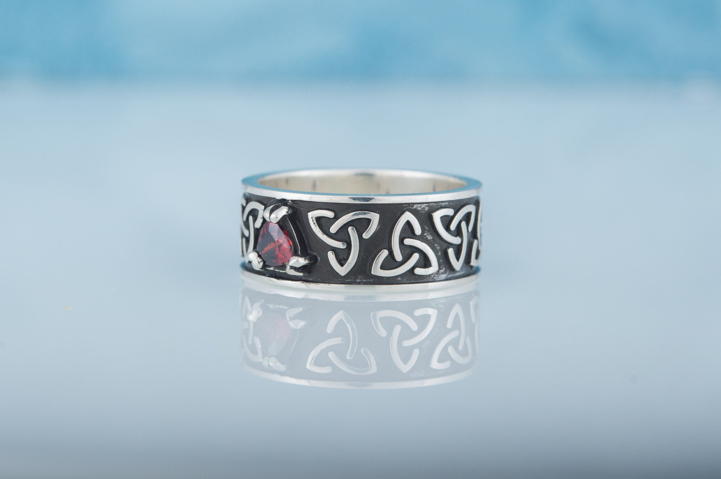 Triquetra Symbol Ring with Red Cubic Zirconia Sterling Silver Celtic Jewelry - vikingworkshop