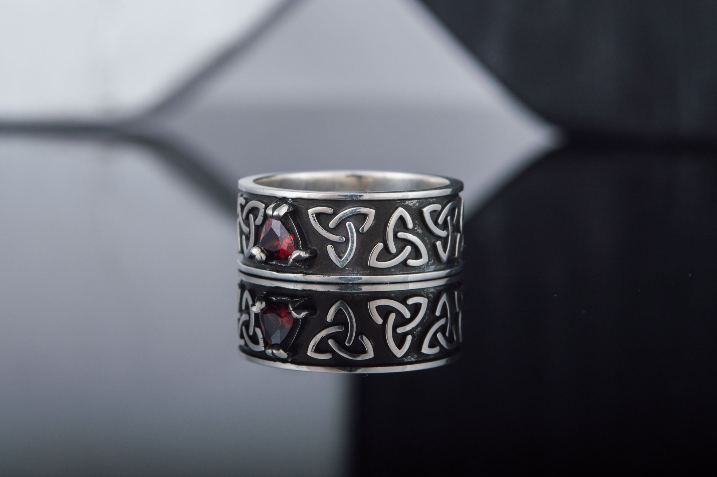 Triquetra Symbol Ring with Red Cubic Zirconia Sterling Silver Celtic Jewelry - vikingworkshop