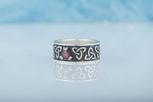 Triquetra Symbol Ring with Red Cubic Zirconia Sterling Silver Celtic Jewelry - vikingworkshop