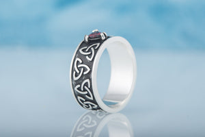 Triquetra Symbol Ring with Red Cubic Zirconia Sterling Silver Celtic Jewelry - vikingworkshop