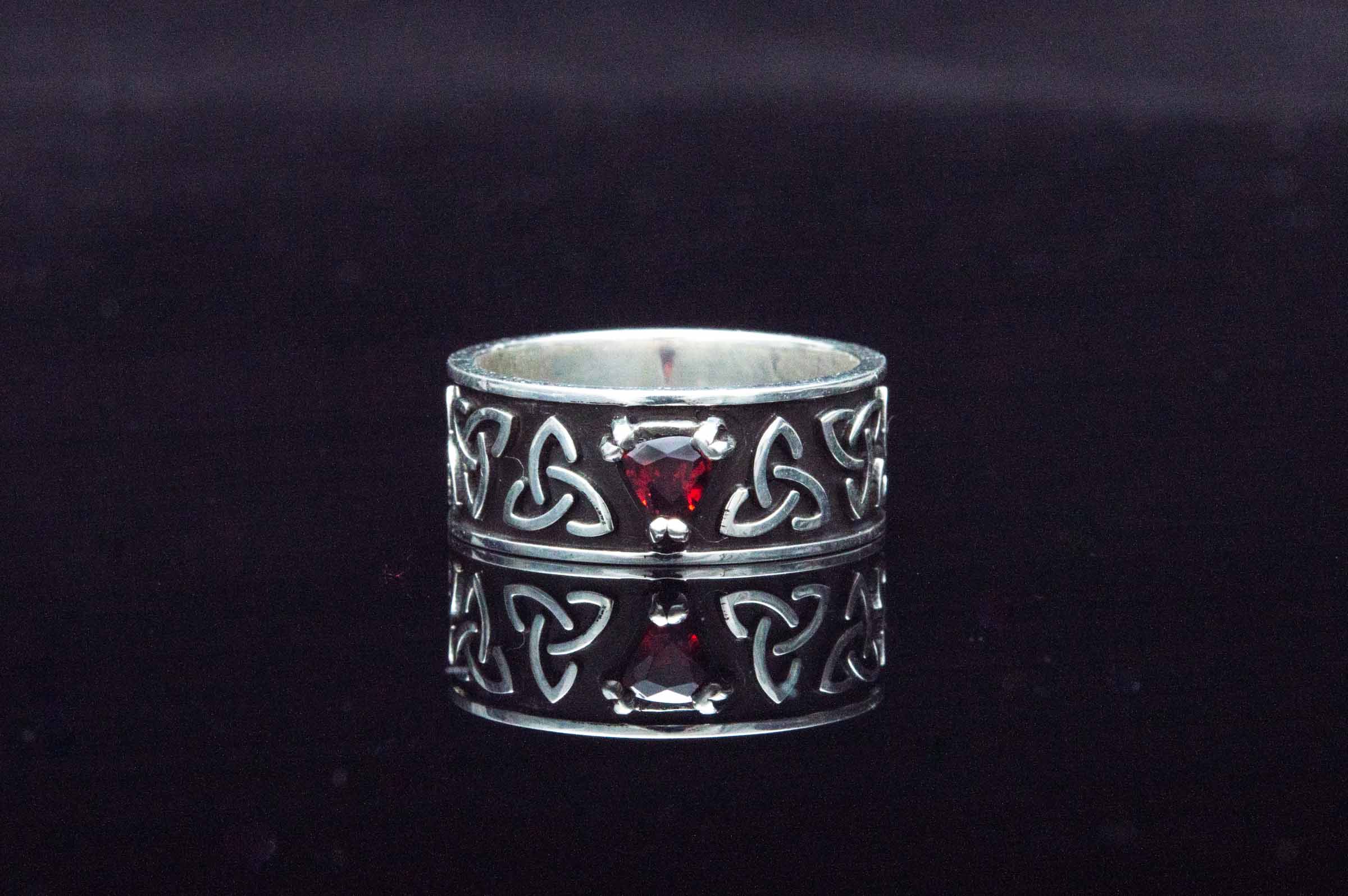 Triquetra Symbol Ring with Red Cubic Zirconia Sterling Silver Celtic Jewelry - vikingworkshop