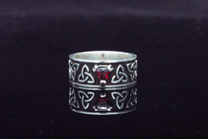 Triquetra Symbol Ring with Red Cubic Zirconia Sterling Silver Celtic Jewelry - vikingworkshop