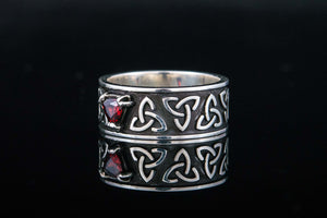 Triquetra Symbol Ring with Red Cubic Zirconia Sterling Silver Celtic Jewelry - vikingworkshop