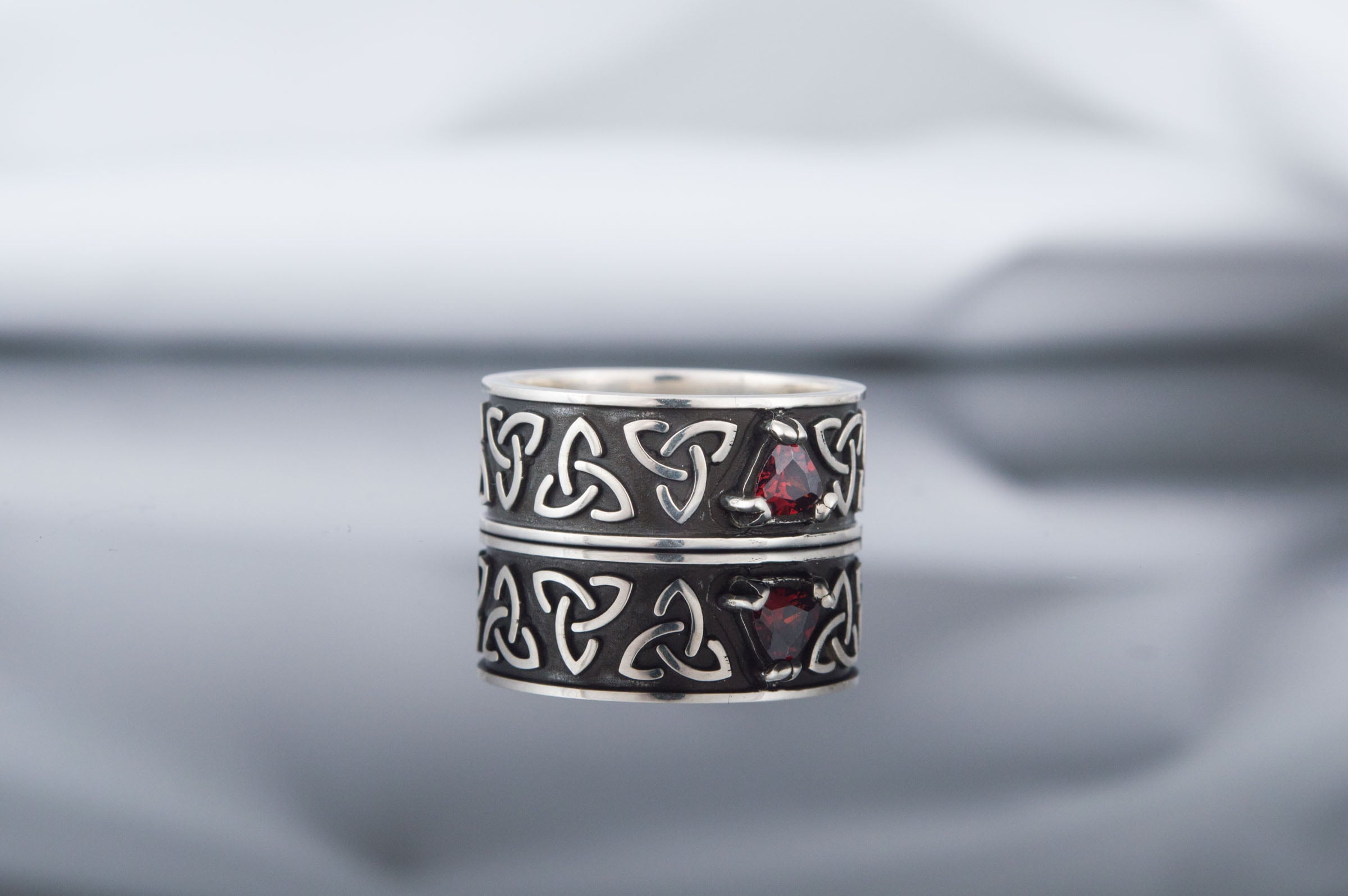 Triquetra Symbol Ring with Red Cubic Zirconia Sterling Silver Celtic Jewelry - vikingworkshop