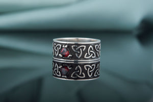 Triquetra Symbol Ring with Red Cubic Zirconia Sterling Silver Celtic Jewelry - vikingworkshop