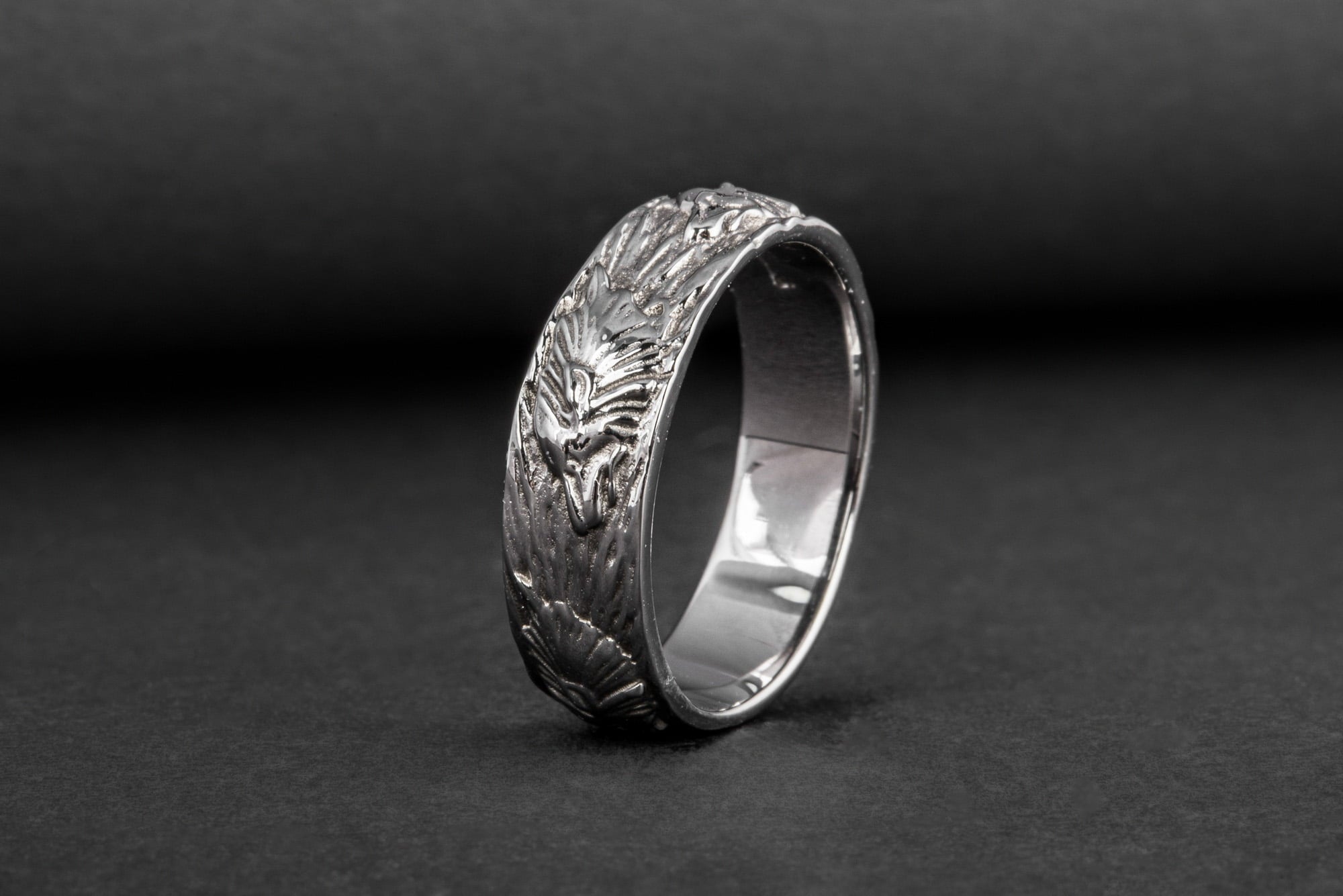 Wolf Ornament Ring Ruthenium Plated Sterling Silver Black Limited Edition Norse Ring - vikingworkshop