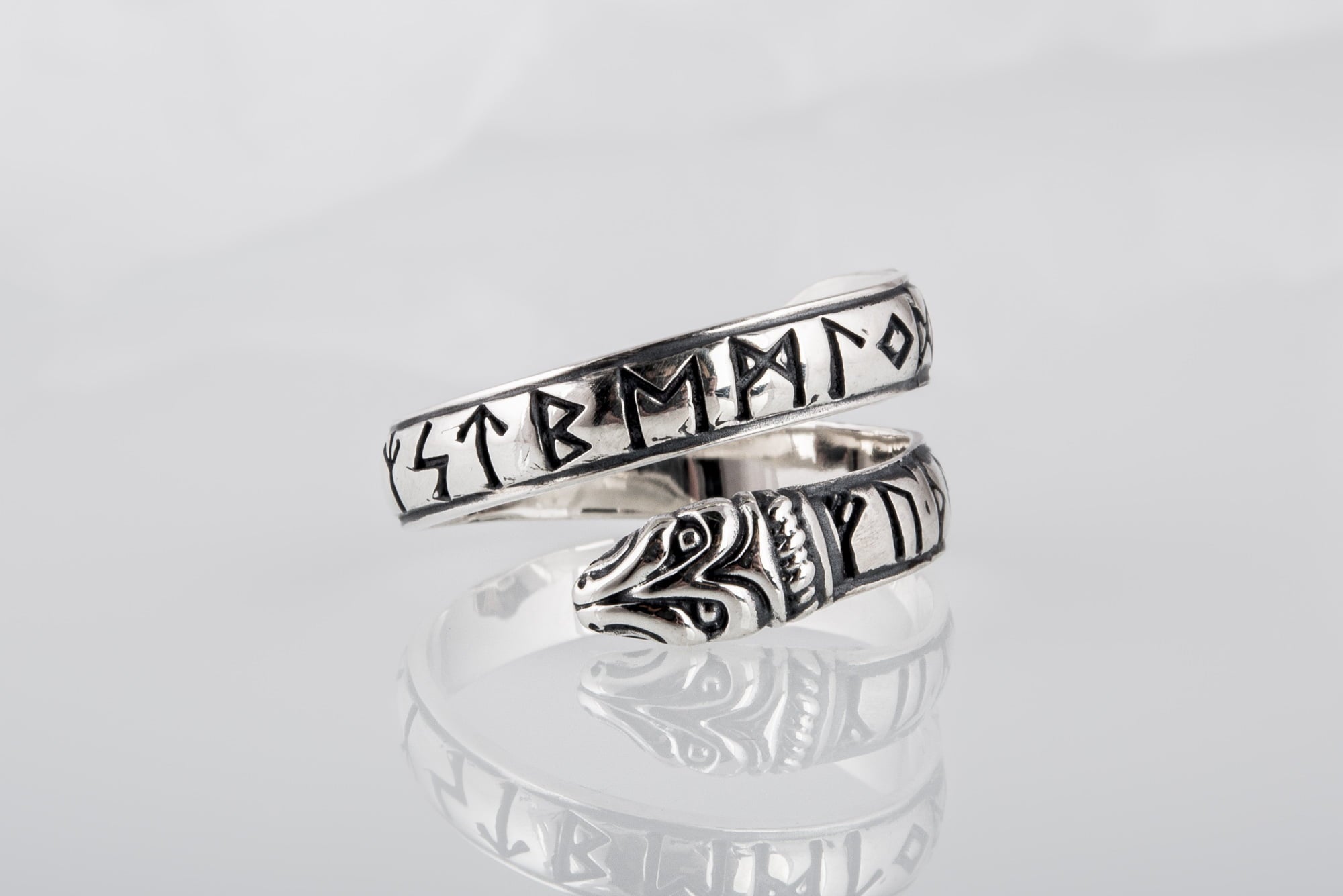 Ouroboros Ring with Elder Futhark Runes Sterling Silver Handmade Viking Jewelry - vikingworkshop