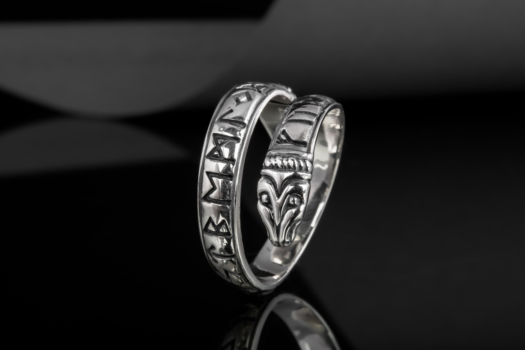 Ouroboros Ring with Elder Futhark Runes Sterling Silver Handmade Viking Jewelry - vikingworkshop