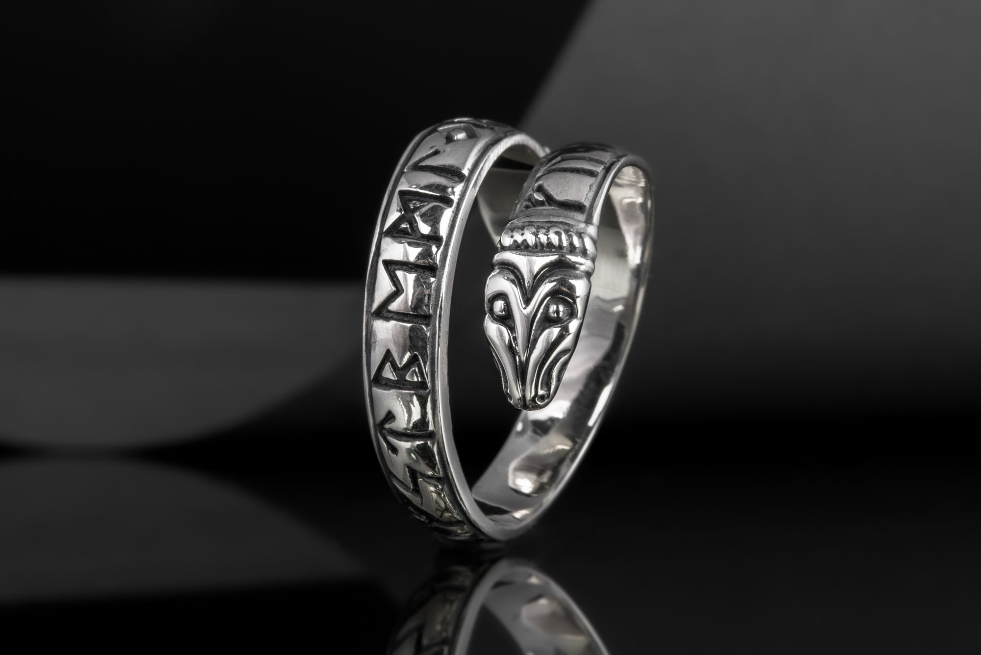 Ouroboros Ring with Elder Futhark Runes Sterling Silver Handmade Viking Jewelry - vikingworkshop