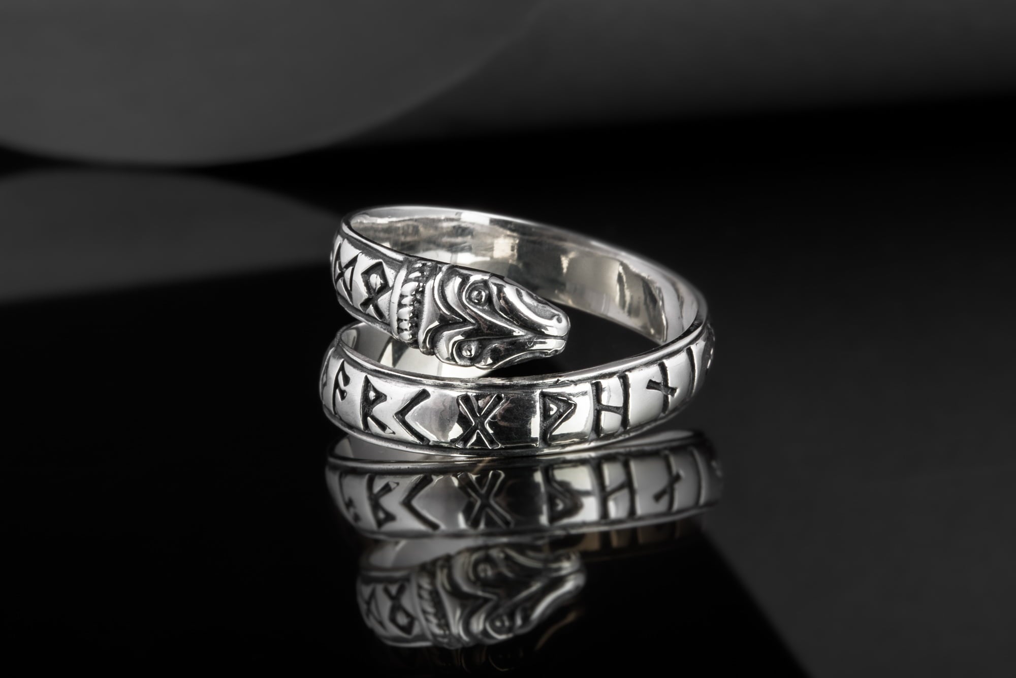 Ouroboros Ring with Elder Futhark Runes Sterling Silver Handmade Viking Jewelry - vikingworkshop