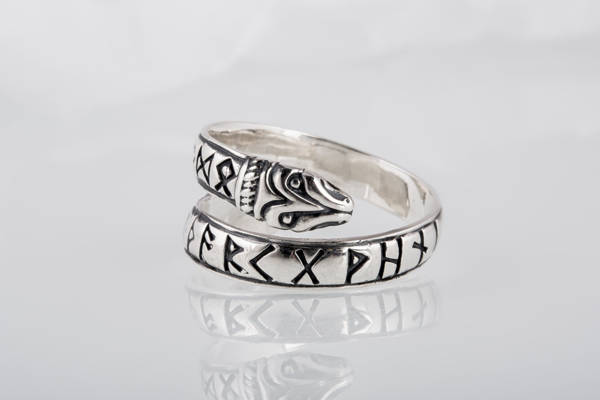 Ouroboros Ring with Elder Futhark Runes Sterling Silver Handmade Viking Jewelry - vikingworkshop