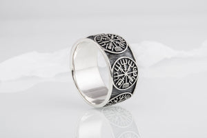 Vegvisir Runic Compass Sterling Silver Norse Ring - vikingworkshop