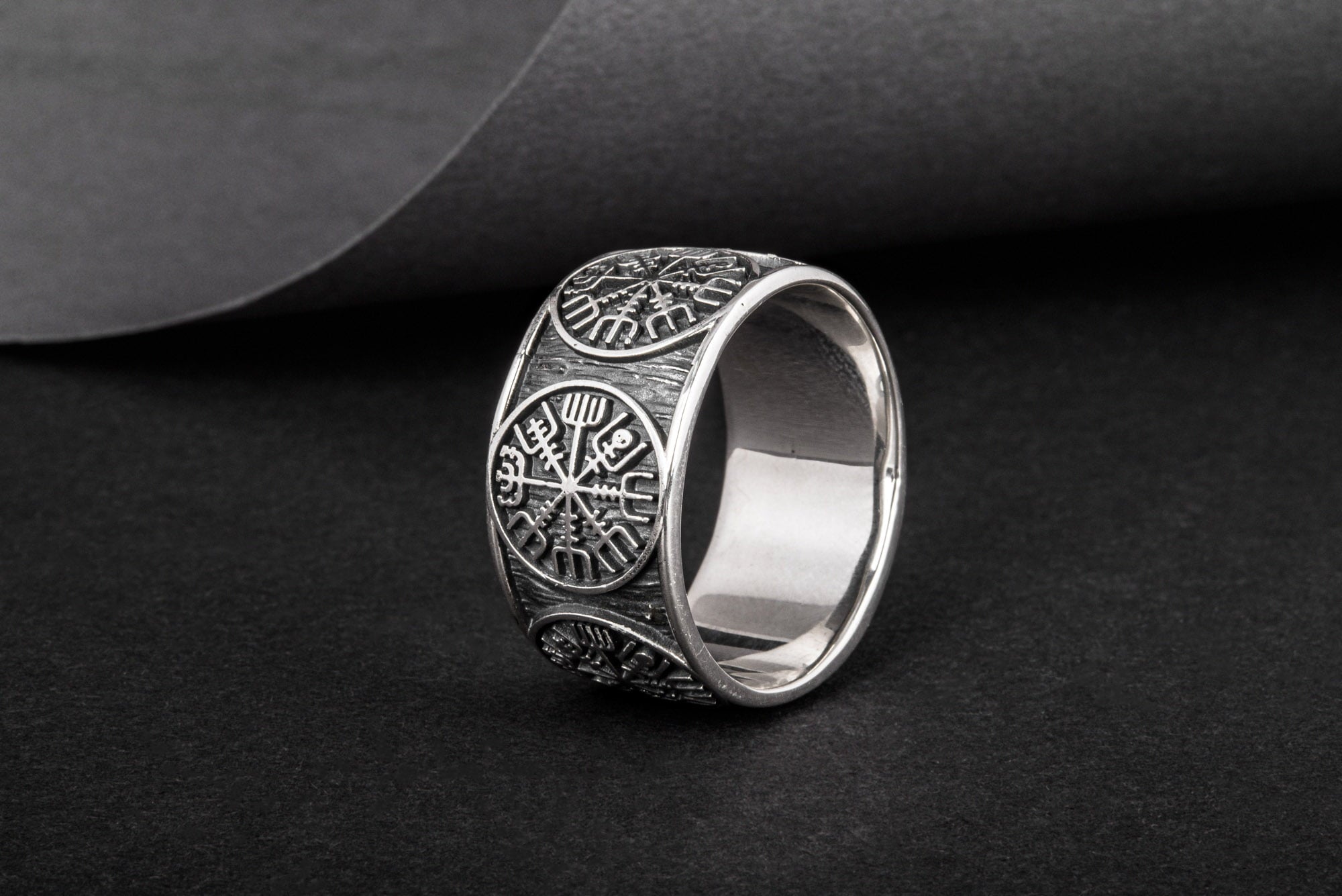 Vegvisir Runic Compass Sterling Silver Norse Ring - vikingworkshop