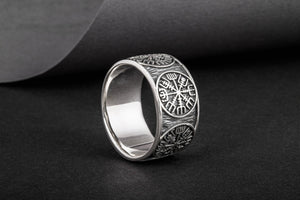 Vegvisir Runic Compass Sterling Silver Norse Ring - vikingworkshop