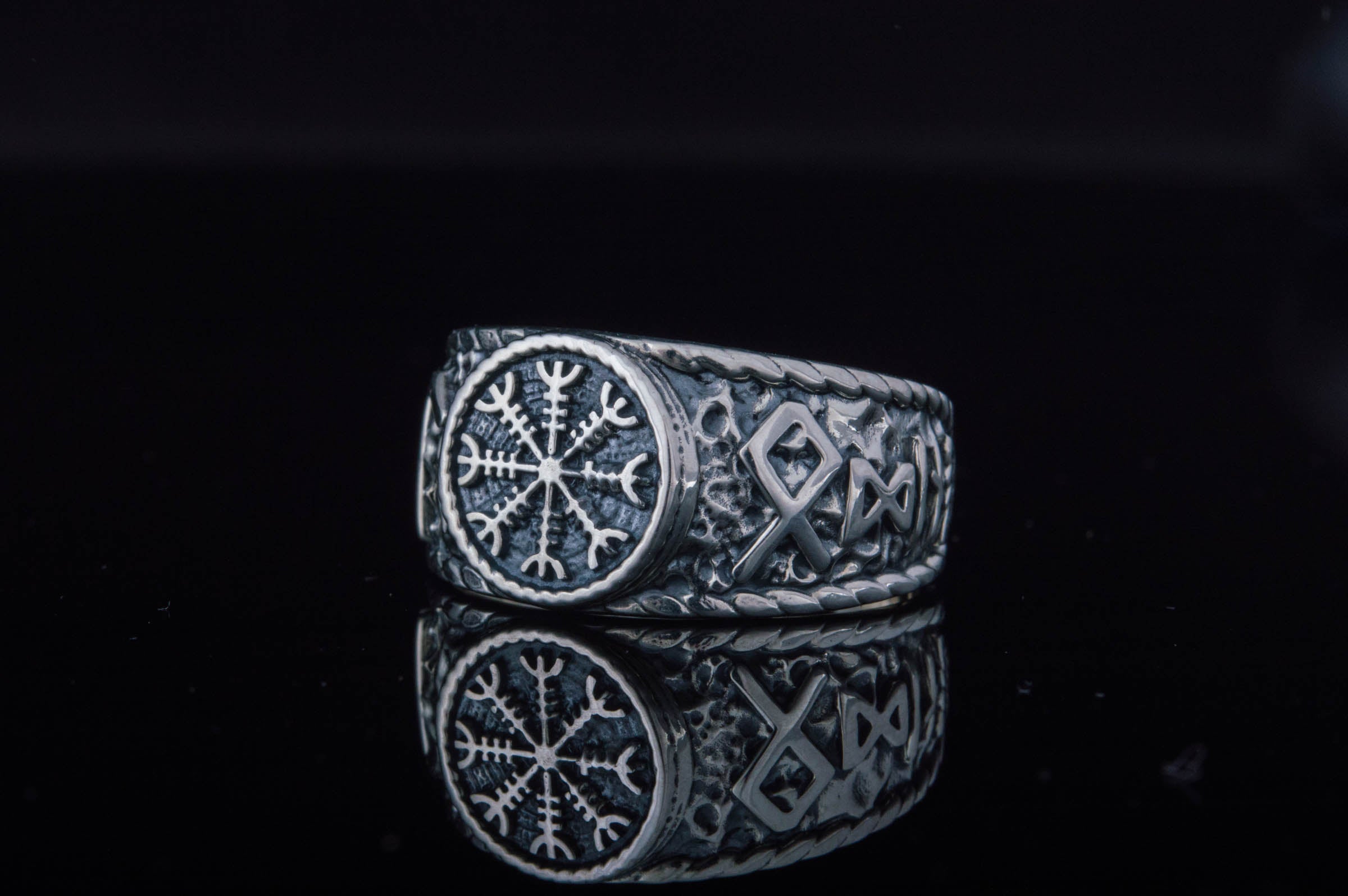 Helm of Awe Symbol with Hail Odin Sterling Silver Viking Ring - vikingworkshop