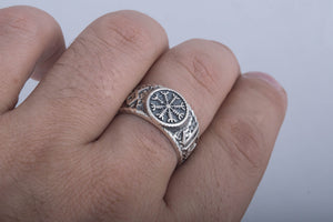 Helm of Awe Symbol with Hail Odin Sterling Silver Viking Ring - vikingworkshop