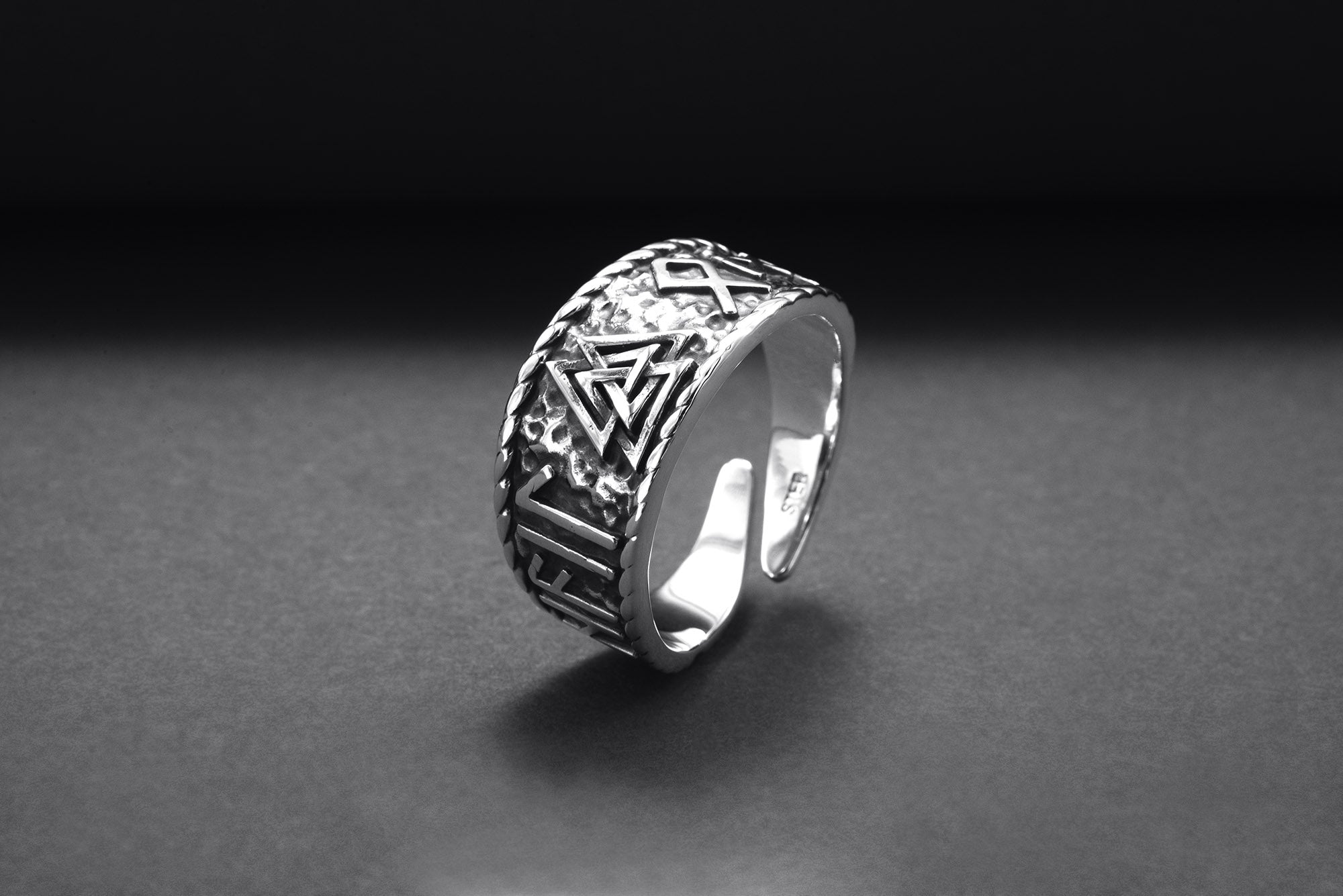 Sterling Silver Hail Odin Ring with Valknut Symbol, Handmade Viking Jewelry - vikingworkshop