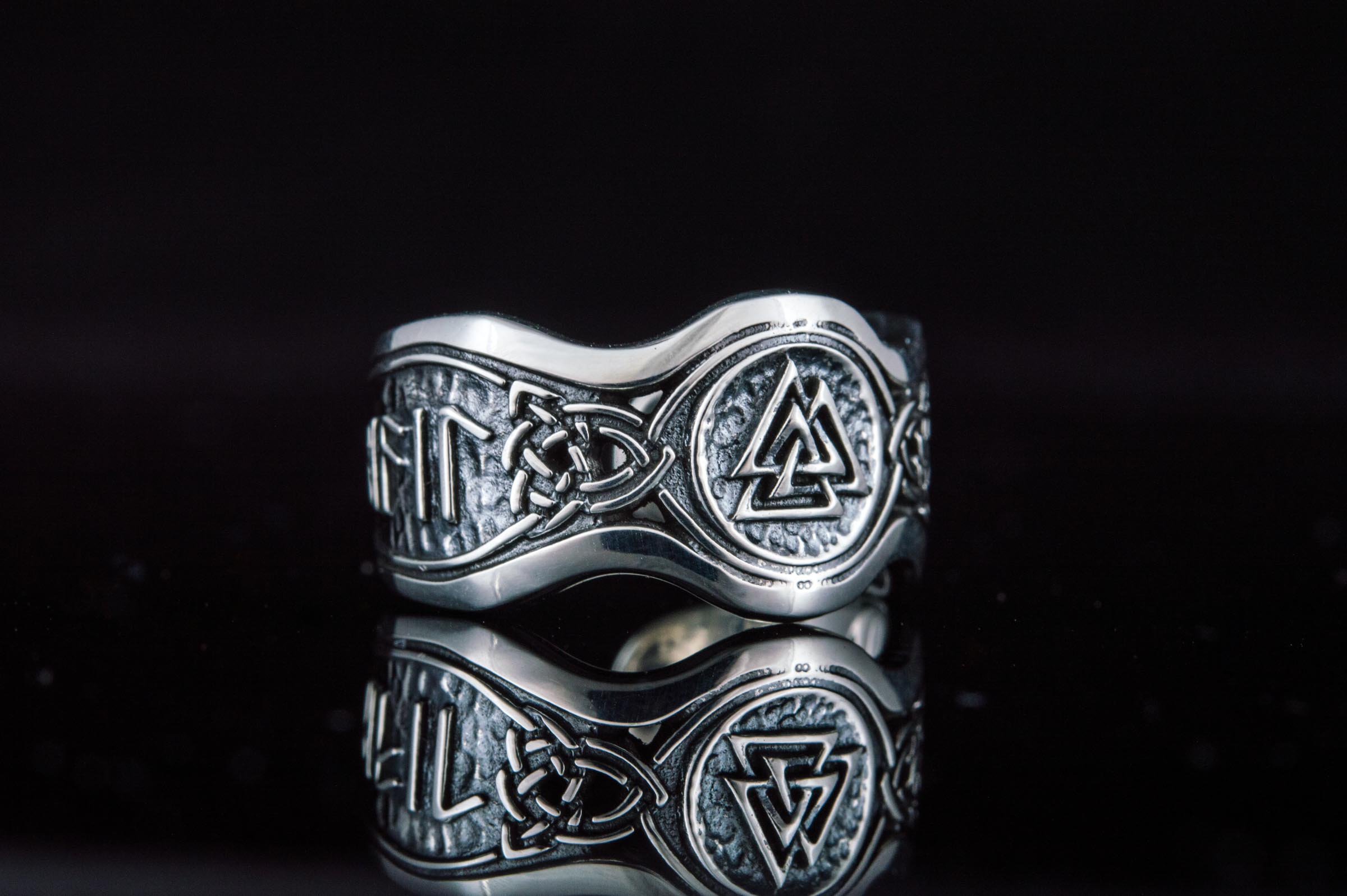 Valknut Symbol With HAIL ODIN Runes Sterling Silver Viking Ring - vikingworkshop