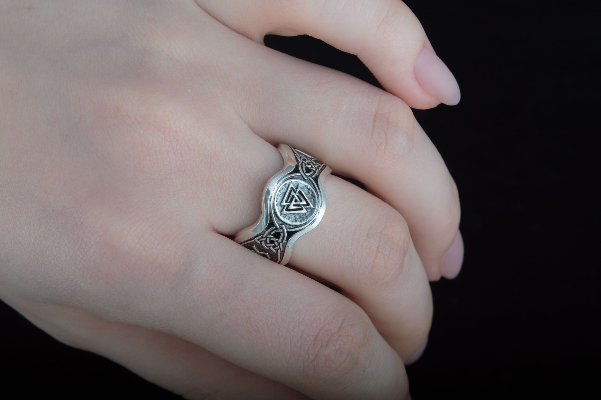 Valknut Symbol With HAIL ODIN Runes Sterling Silver Viking Ring - vikingworkshop