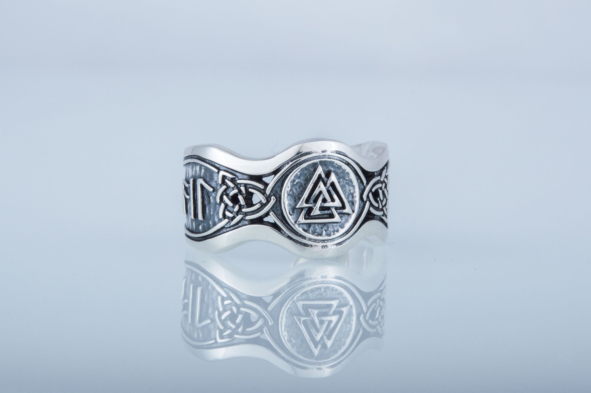 Valknut Symbol With HAIL ODIN Runes Sterling Silver Viking Ring - vikingworkshop