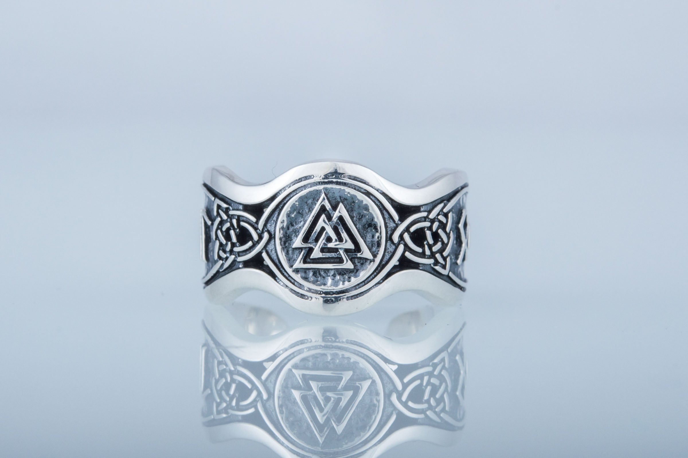 Valknut Symbol With HAIL ODIN Runes Sterling Silver Viking Ring - vikingworkshop