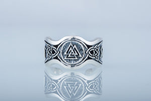 Valknut Symbol With HAIL ODIN Runes Sterling Silver Viking Ring - vikingworkshop