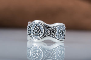 Valknut Symbol With HAIL ODIN Runes Sterling Silver Viking Ring - vikingworkshop