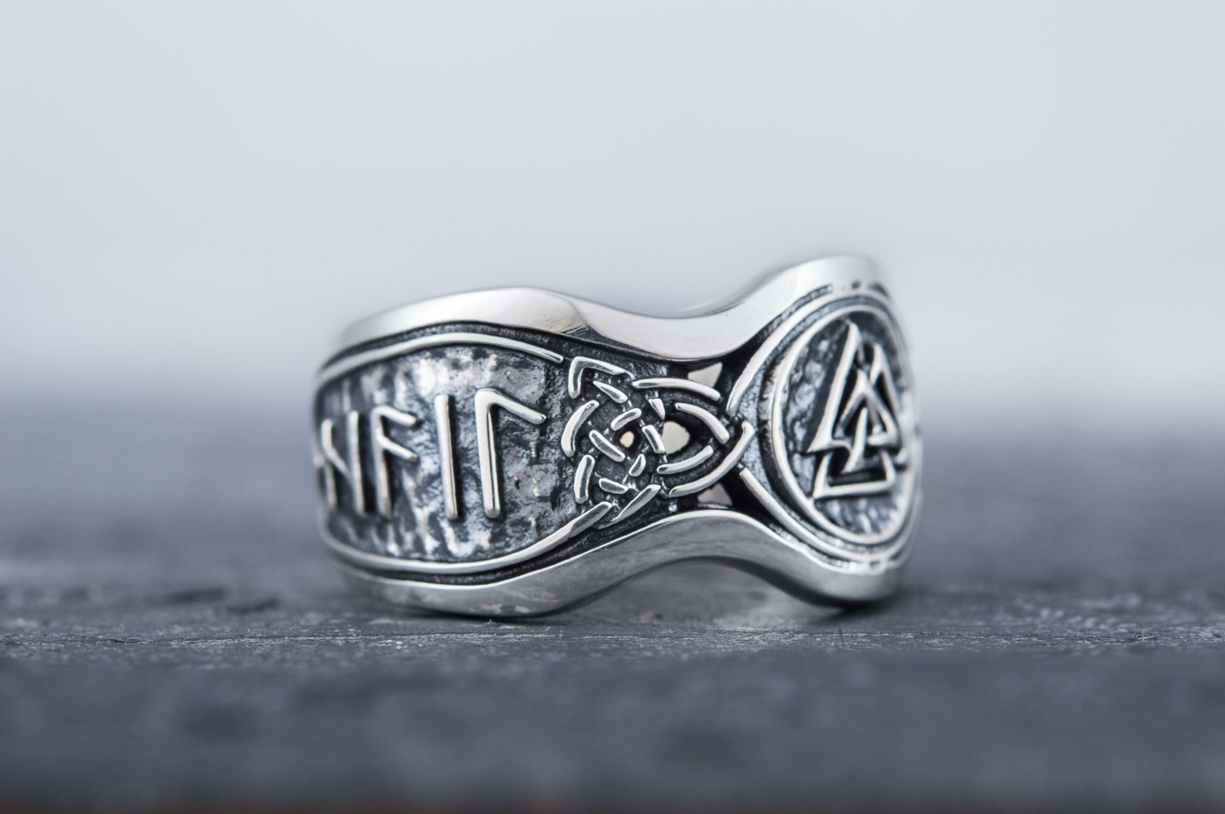 Valknut Symbol With HAIL ODIN Runes Sterling Silver Viking Ring - vikingworkshop