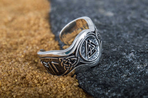 Valknut Symbol With HAIL ODIN Runes Sterling Silver Viking Ring - vikingworkshop