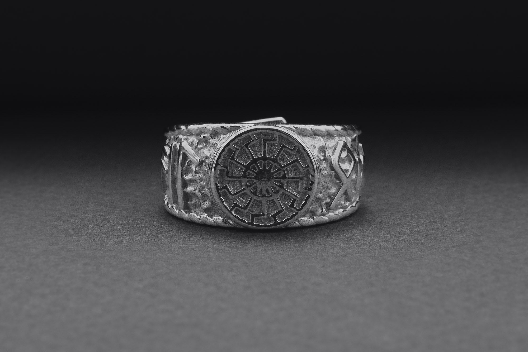 950 Platinum Black Sun Symbol Ring with Hail Odin Runes, Handmade Viking Jewelry - vikingworkshop