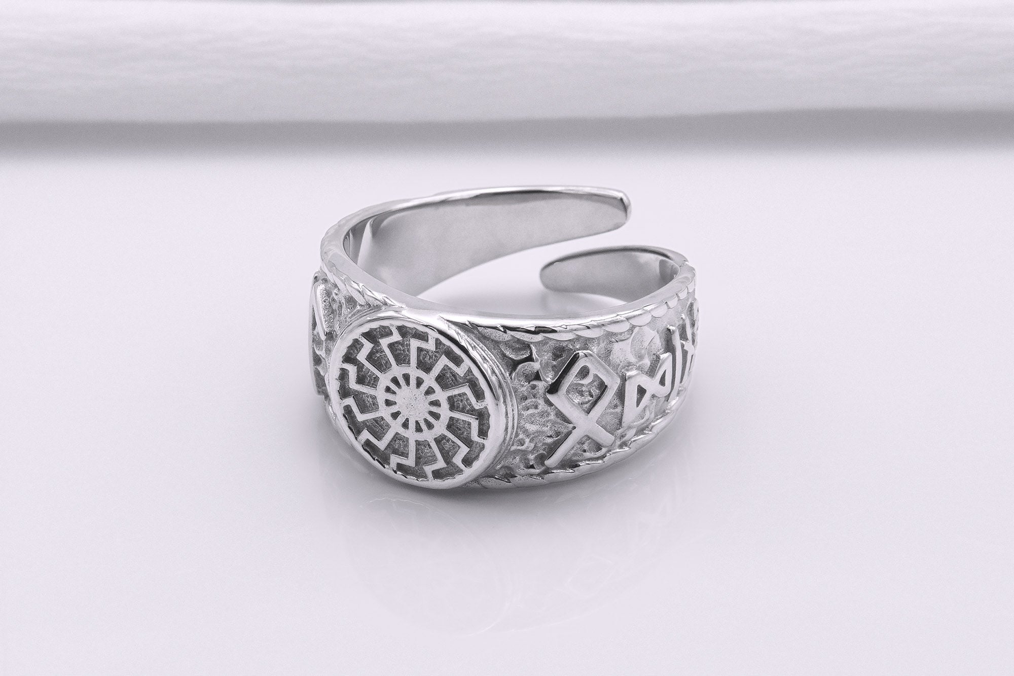 950 Platinum Black Sun Symbol Ring with Hail Odin Runes, Handmade Viking Jewelry - vikingworkshop
