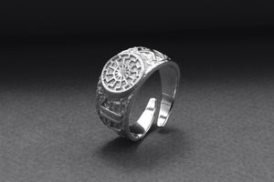 950 Platinum Black Sun Symbol Ring with Hail Odin Runes, Handmade Viking Jewelry - vikingworkshop