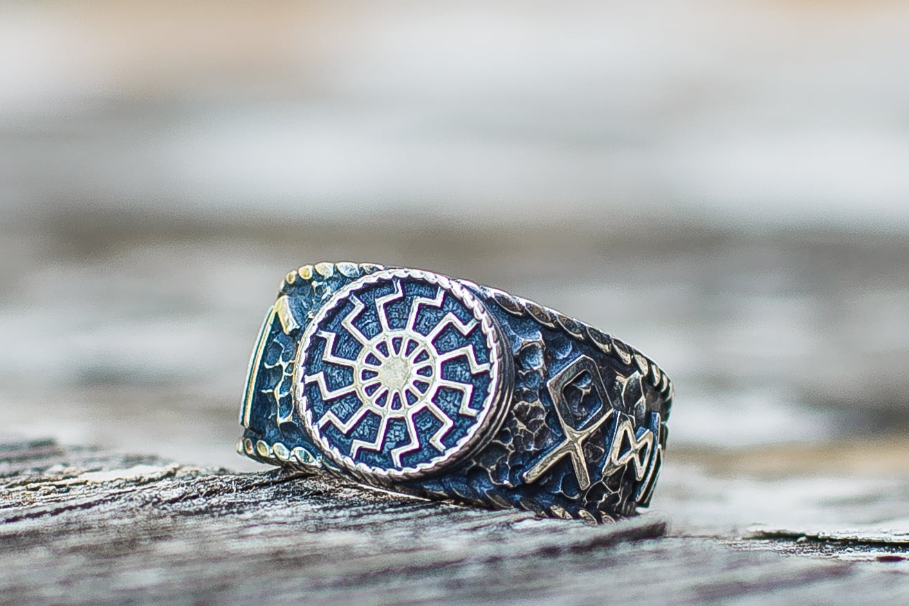 Black Sun Symbol with HAIL ODIN Runes Sterling Silver Viking Ring - vikingworkshop