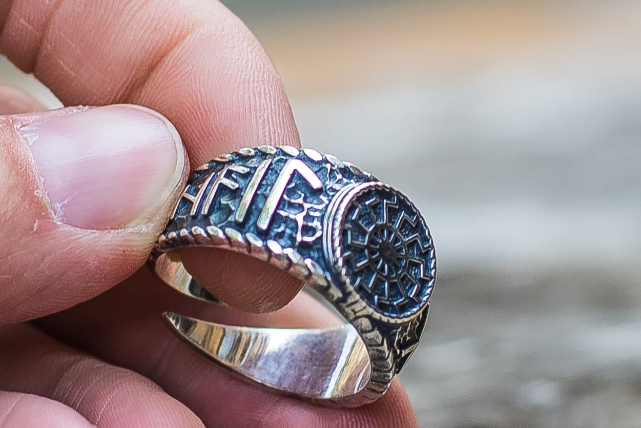 Black Sun Symbol with HAIL ODIN Runes Sterling Silver Viking Ring - vikingworkshop