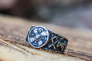 Viking Shield With HAIL ODIN Runes Sterling Silver Ring - vikingworkshop