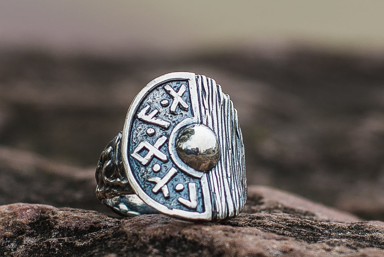 Viking Shield With Runes and Wooden Texture Sterling Silver Pagan Ring - vikingworkshop