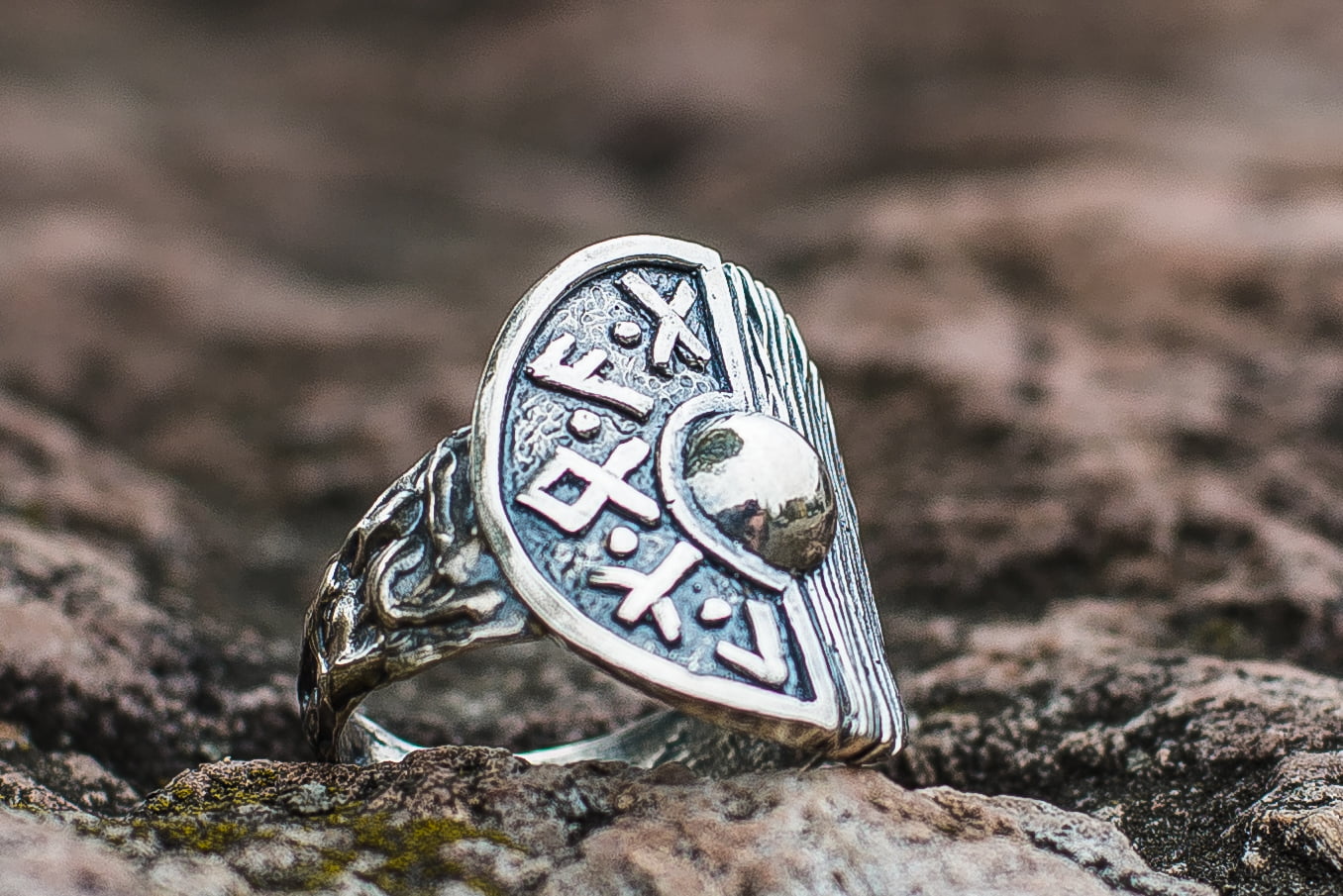 Viking Shield With Runes and Wooden Texture Sterling Silver Pagan Ring - vikingworkshop