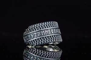 Hauberk Viking Ring with Elder Futhark Runes Sterling Silver Unique Jewelry - vikingworkshop