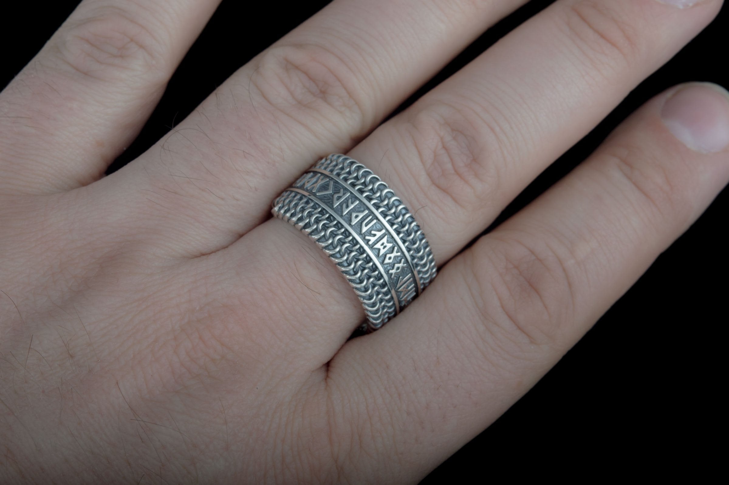 Hauberk Viking Ring with Elder Futhark Runes Sterling Silver Unique Jewelry - vikingworkshop