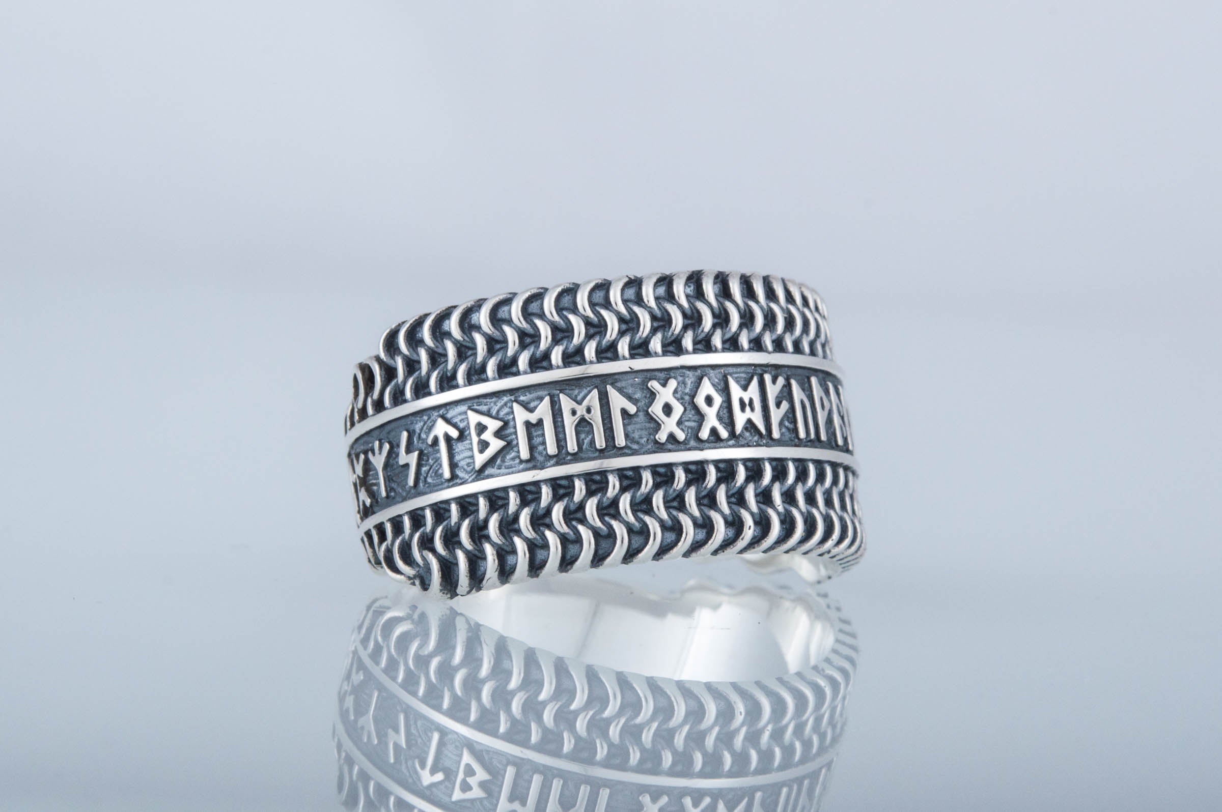 Hauberk Viking Ring with Elder Futhark Runes Sterling Silver Unique Jewelry - vikingworkshop