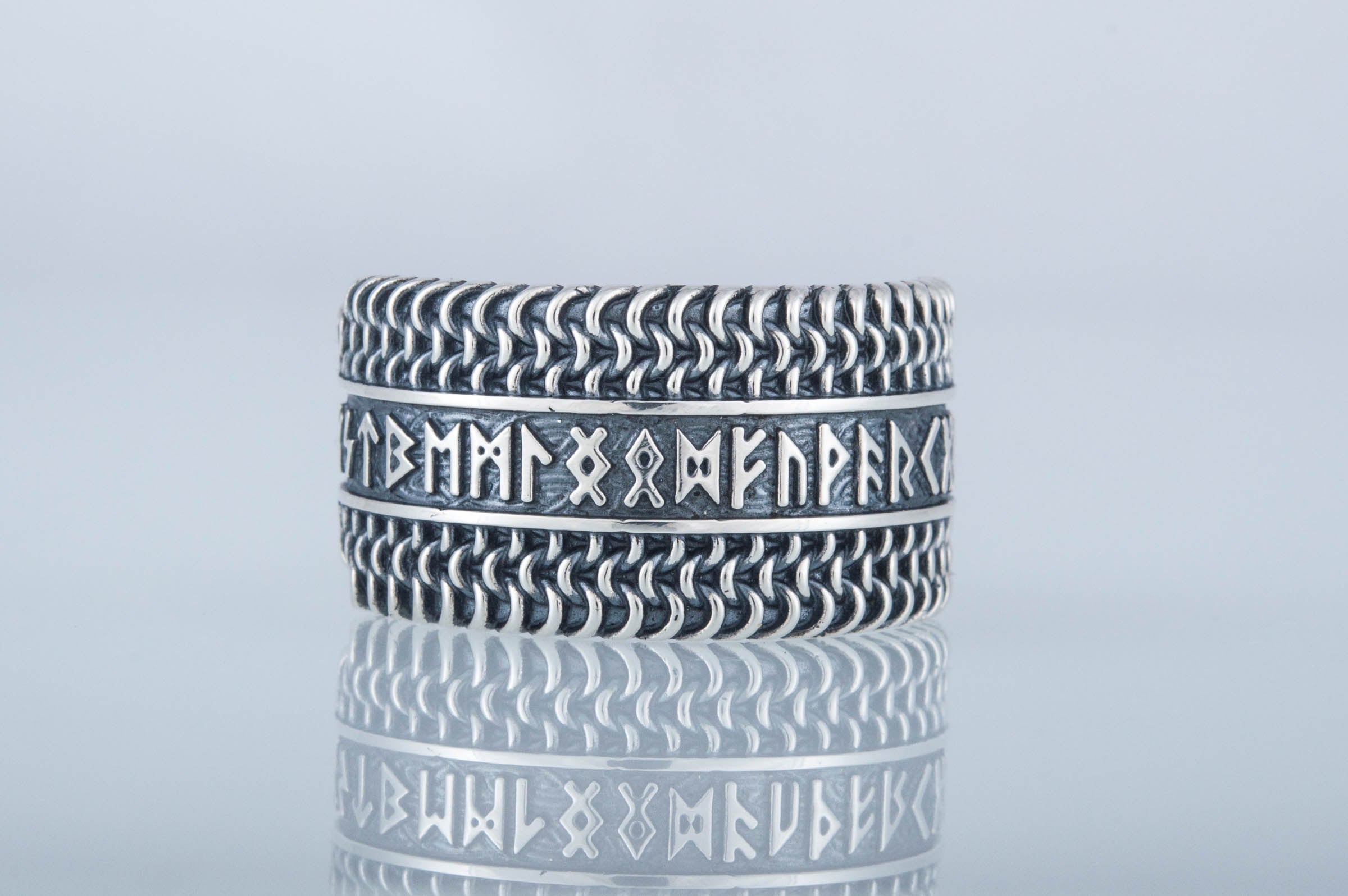 Hauberk Viking Ring with Elder Futhark Runes Sterling Silver Unique Jewelry - vikingworkshop