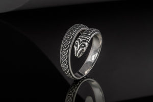 Jormungand Ring with Viking Ornament Sterling Silver Viking Jewelry - vikingworkshop